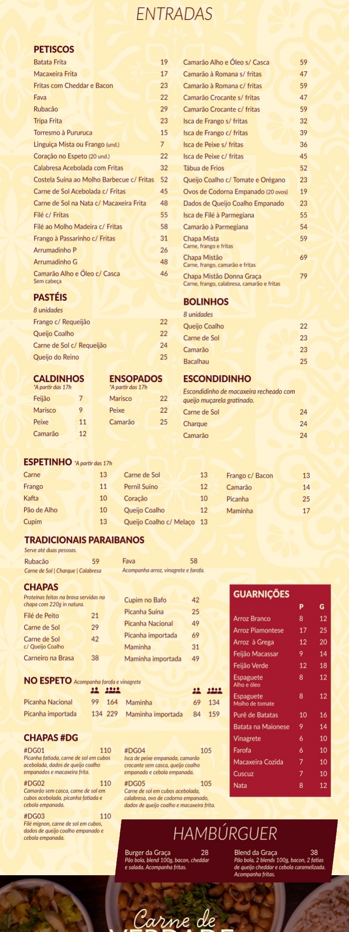 Cardápio Donna Graça, entradas e pratos
